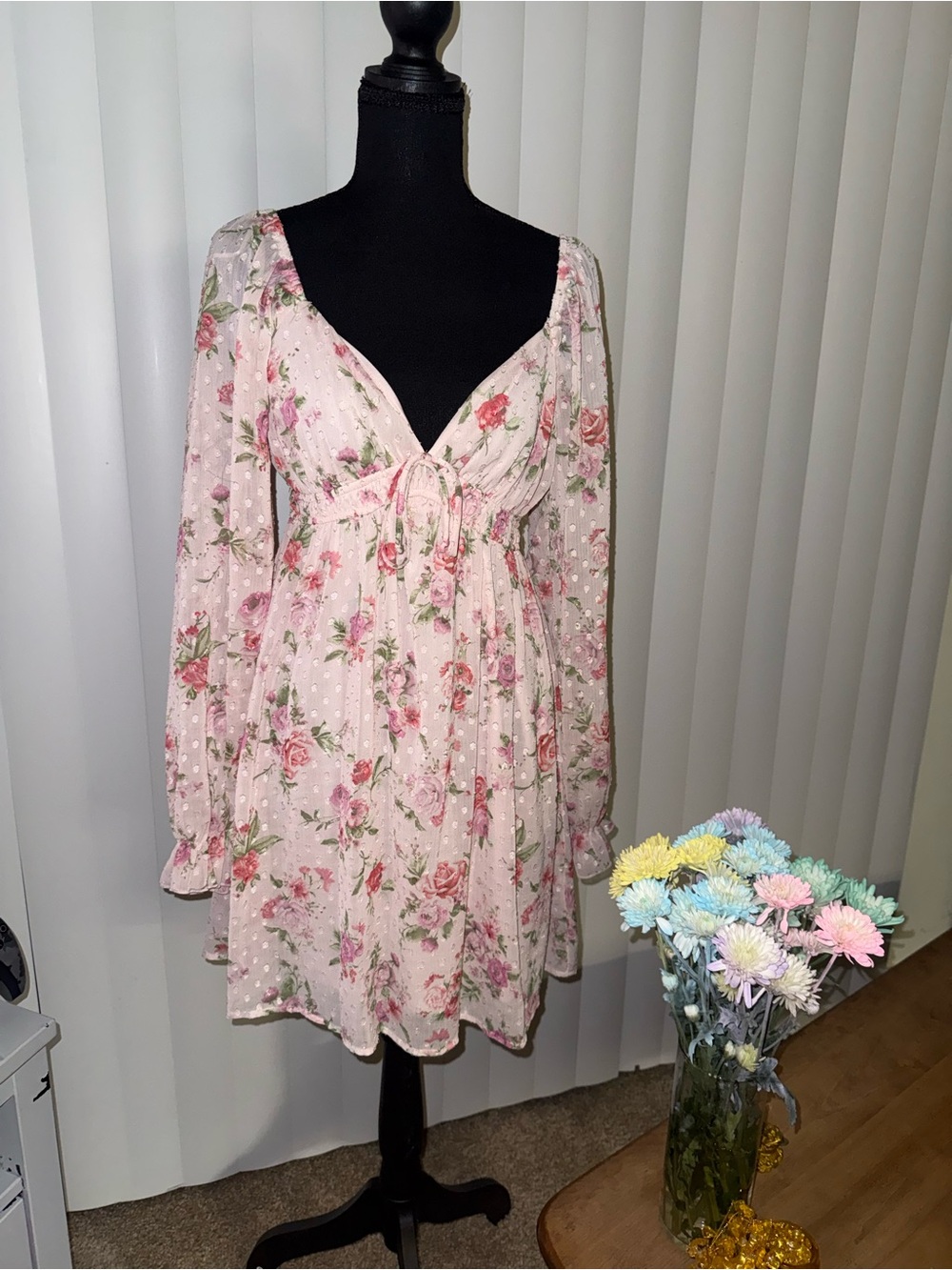Floral Pink Mini Dress with Tie Front